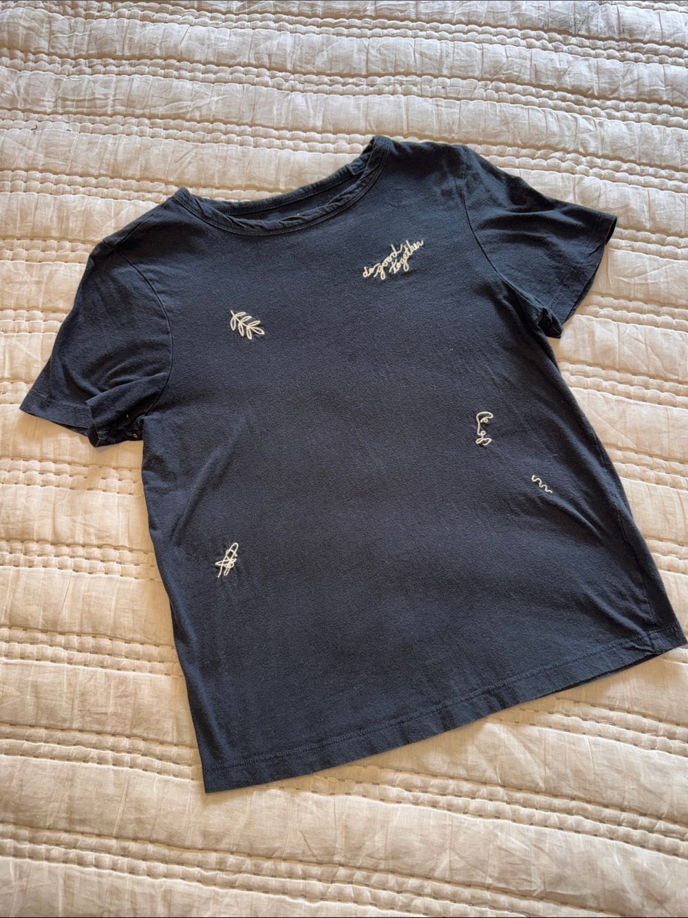 Women's Navy Short Sleeve Tee with White Embroidered Motifs